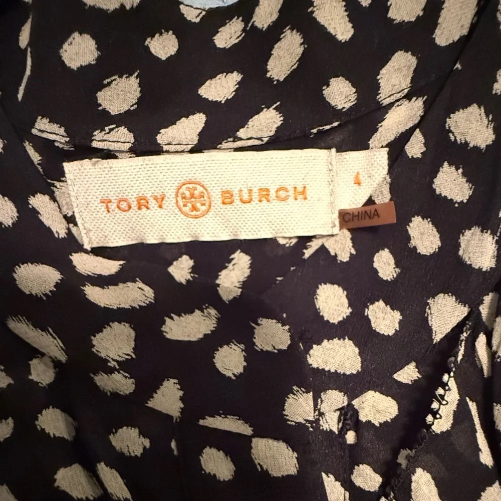Tory Burch Black & Cream Veta Sheer Silk Blend  Blouse in Dot Print Top size 4